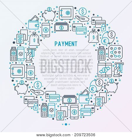 Payment concept in circle with thin line icons related to credit card, money flow, saving, atm, mobile payment. Vector illustration of banner, web page, print media.
