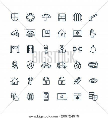 Vector thin line icons set, graphic design elements. Illustration with security, cyber safety outline symbols. Protection, brick wall, camera, video monitor, home lock, control access linear pictogram