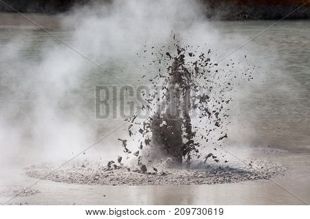 An exploding hot mud pool in Wai-O-Tapu Thermal Wonderland near Rotorua, North Island of New Zealand.
