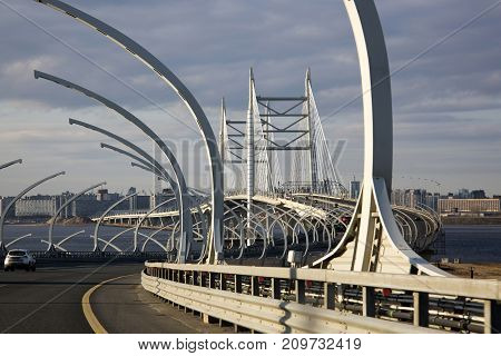 SAINT PETERSBURG, RUSSIA, MAY 07, 2017:The Western High Speed Diameter (WHSD) of St. Petersburg. The cable-stayed bridge across the Gulf of Finland.