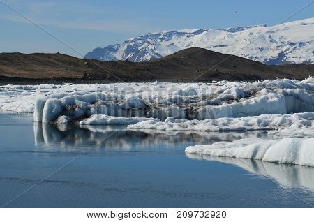Icebergs and black sand creating a beautiful landscape in Iceland