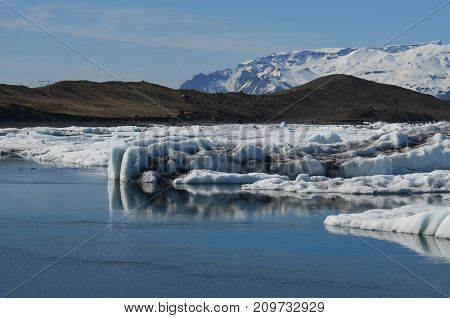 Beautiful landscape of glaciers and black sand in the background in Iceland