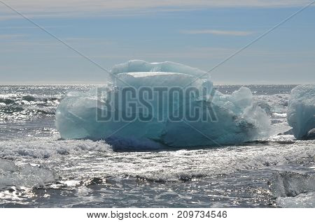 Close up of a large iceberg in an Icelandic lagoon