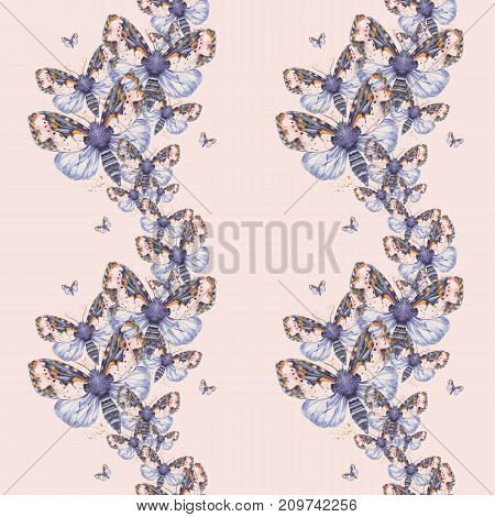 Painted drawing watercolor shaggy butterfly teddy bear seamless background, bright coloring, thick torso, night butterfly on a pink background with splashes in serene tones, for decor, prints