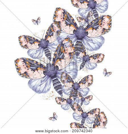 Painted drawing watercolor shaggy butterfly teddy bear seamless background, bright coloring, thick torso, night butterfly on white background with splashes in serene tones, for decor, prints