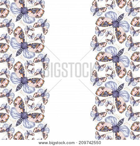 Painted drawing watercolor shaggy butterfly teddy bear seamless background, bright coloring, thick torso, night butterfly on white background with splashes in serene tones, for decor, prints