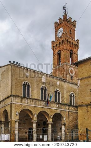 Clock and bell tower of Palazzo Comunale in Pienza Italy