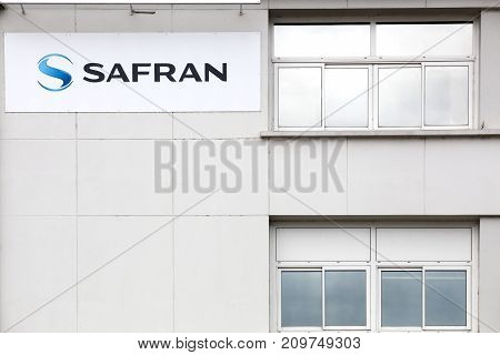 Dijon, France - October 6, 2017: Safran building in Dijon, France. Safran is a French multinational aircraft engine, rocket engine, aerospace-component, defense, and security company