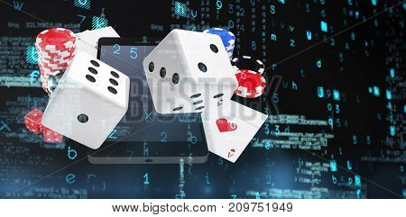 Virus background against smartphone with stack of casino tokens and playing cards