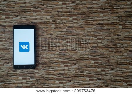 Los Angeles, USA, october 19, 2017: Vkontakte logo on smartphone screen on stone facing background