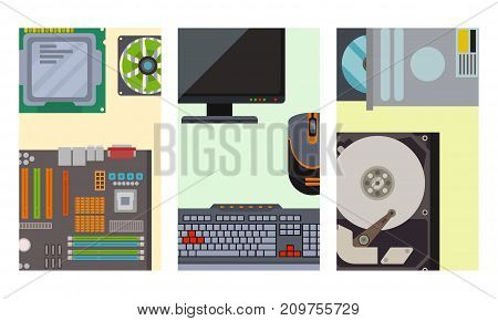 Computer parts network component accessories various electronics devices and desktop pc processor drive hardware memory card vector illustration. Electronics network component accessories symbol.