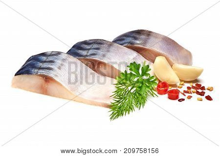 Mackerel with parsley and garlic, isolated on white background