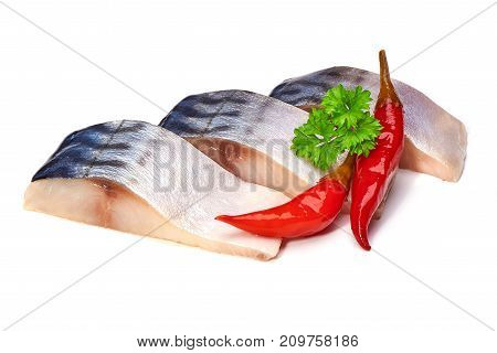 Mackerel with chili peppers and herbs, isolated on white background