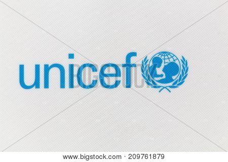 Villefranche,  France - June 11, 2017: Unicef logo on a panel. Unicef is a United Nations programme headquartered in New York City that provides humanitarian and developmental assistance to children and mothers in developing countries
