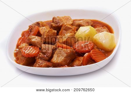 Goulash, Beef Stew With Potatoes Isolated On White Background