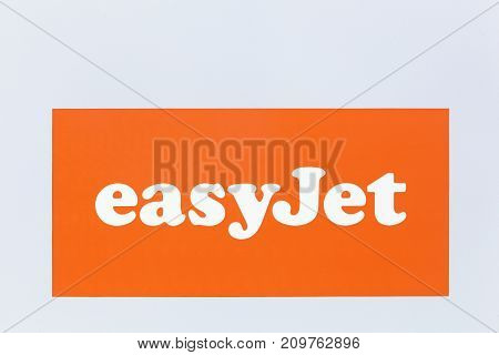 Lyon, France - May 27 2017: Easyjet logo on a wall. Easyjet is a British airline, operating under the low-cost carrier model, based at London Luton Airport