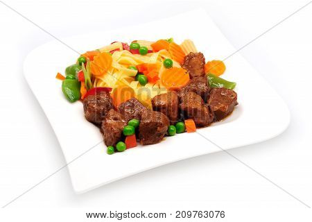 Goulash, Beef Stew With Pasta Isolated On White Background