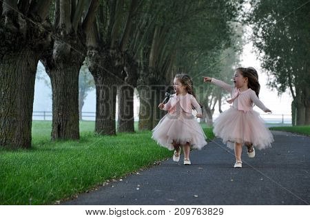 Twin sisters playing around on a beautiful morning near a grass field