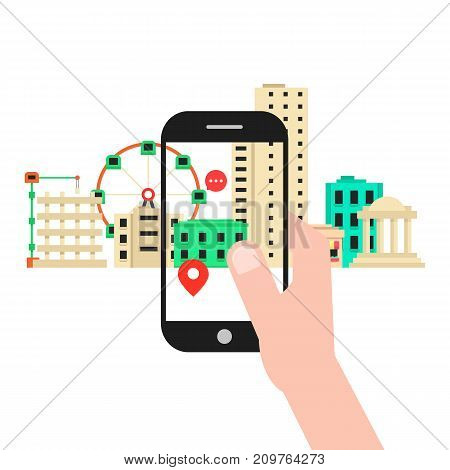 colored augmented reality with cityscape. concept of vr, search, find trip, simulation, mobility, travel, additional vision. flat style trend modern design vector illustration on white background