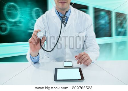 Doctor examining with stethscope against 3D blue vignette background
