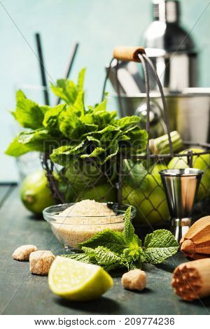 Mojito cocktail ingredients (fresh mint, lime, ice) on rustick background