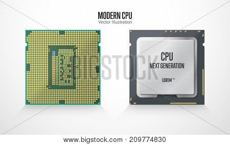 A modern computer processor. Front and back side. Realistic vector illustration isolated on white background.
