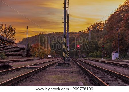 Station Bakov Nad Jizerou In Central Bohemia With Pink Sunset