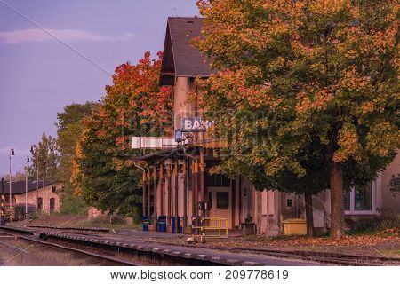 Station Bakov Nad Jizerou In Central Bohemia With Pink Sunset