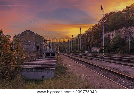 Station Bakov Nad Jizerou In Central Bohemia With Pink Sunset