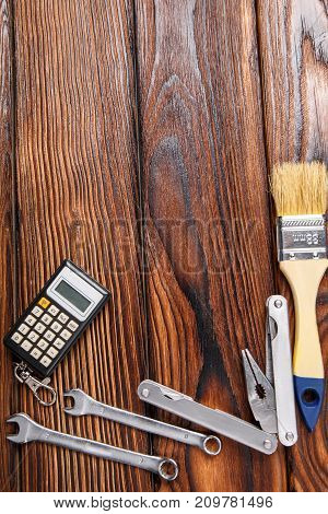 New cool set of old hand tools on wooden table