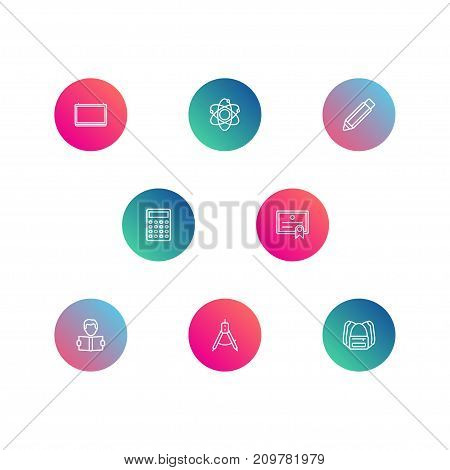 Collection Of Calculator, Atom, Backpack And Other Elements.  Set Of 8 Education Outline Icons Set.