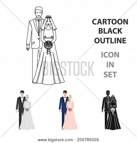 A man and a woman in beautiful outfits. The bride and groom at the wedding.Wedding single icon in cartoon style vector symbol stock web illustration.
