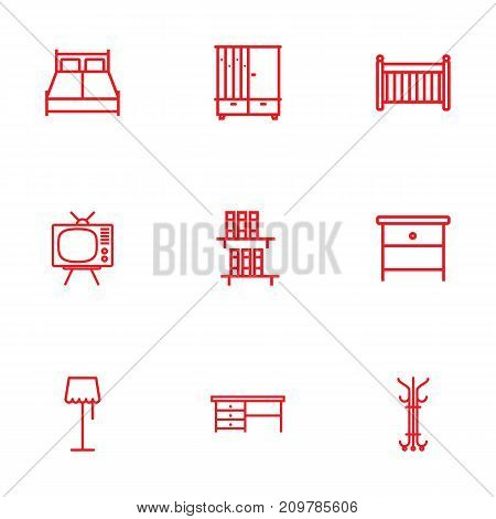 Collection Of Hall Tree, Double Bed, Desk And Other Elements.  Set Of 9 Decor Outline Icons Set.