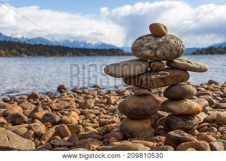 A small stone inukshuk on Kinsmen Beach in Invermere BC.