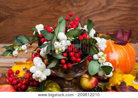 Thanksgiving Snowberry, Rowan Berries, Pumpkin, Apples Table Centerpiece