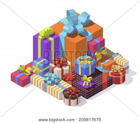Vector isometric low poly gift boxes. Gift boxes with ribbon, bow set isolated on background. Big pile of presents, surprises, prizes. Shopping for xmas. Christmas, birthday, holidays concept.