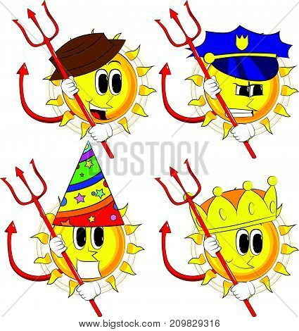 Cartoon devil sun with pitchfork. Collection with costume. Expressions vector set.