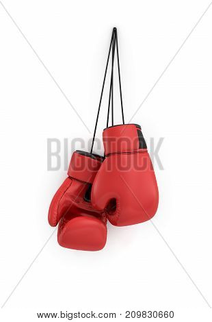 3d rendering of two red boxing gloves hanging on a long black string on a white background. Boxing gear. Fighting sports. Martial arts.