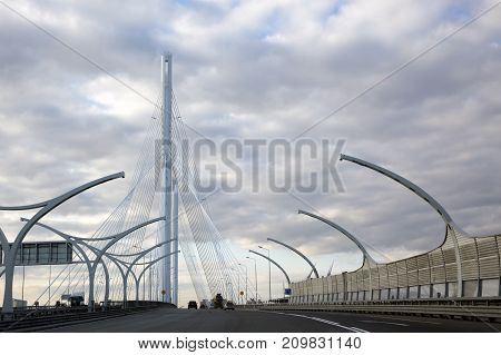 SAINT PETERSBURG, RUSSIA, MAY 07, 2017:The Western High Speed Diameter (WHSD) of St. Petersburg. The cable-stayed bridge across the Gulf of Finland.