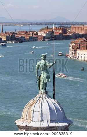 View from the bell tower of the 16th-century Benedictine San Giorgio Maggiore church on Giudecca Canal Venice Italy. The channel separates the Giudecca island from the Dorsoduro district.