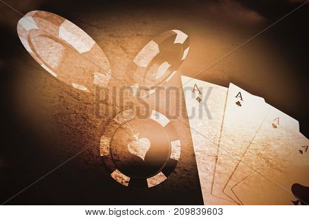 3D image of red casino token against thunderstrom over cityscape