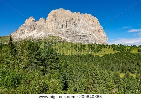 Wide view of picturesque Sella rock in Dolomiti alps, Italy