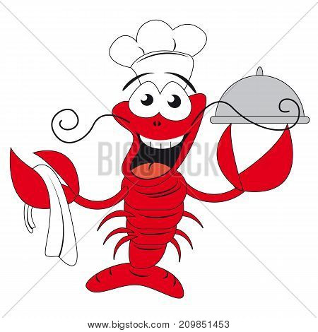 Lobster chef holding a plate - original hand dran funny illustration