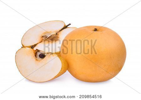 whole and half with slice of snow pear fruit isolated on white background