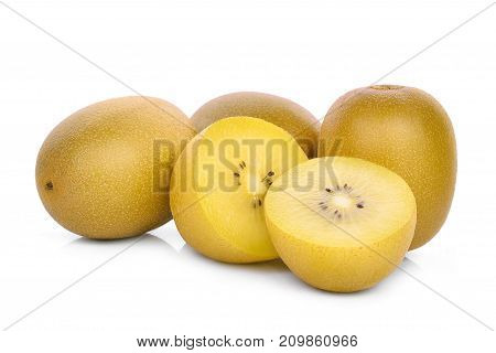whole and half of yellow or gold kiwi fruit isolated on white background