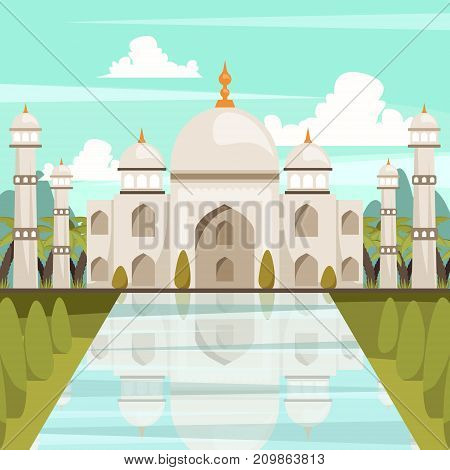 India orthogonal composition with building of taj mahal mausoleum reflected in water of marble pool flat vector illustration