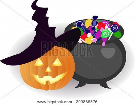 a pumpkin in a hat and a bowler hat with sweets. Illustration for halloween