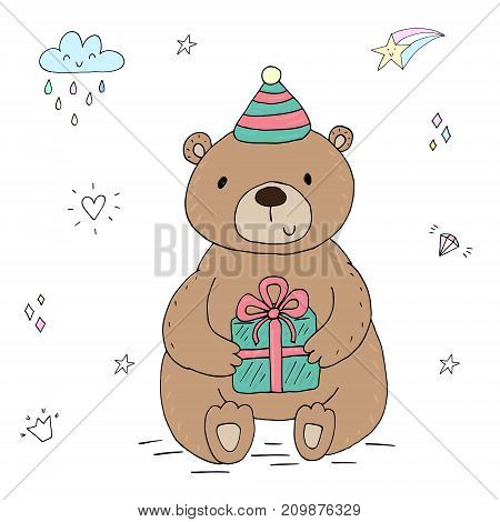 vector card with cute hand drawn bear. vector print.