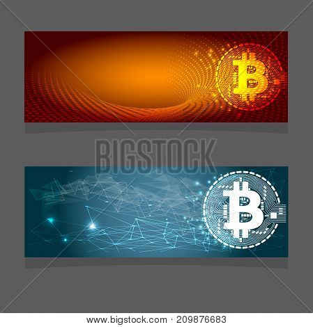 Horizontal web banner with golden bitcoin and dark blue background with microchip and place for your text. Stock vector illustration.