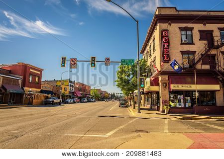 KALISPELL, MONTANA, USA - JULY 5, 2017 : Scenic street view with shops and hotels in Kalispell. Kalispell is the gateway to Glacier National Park.